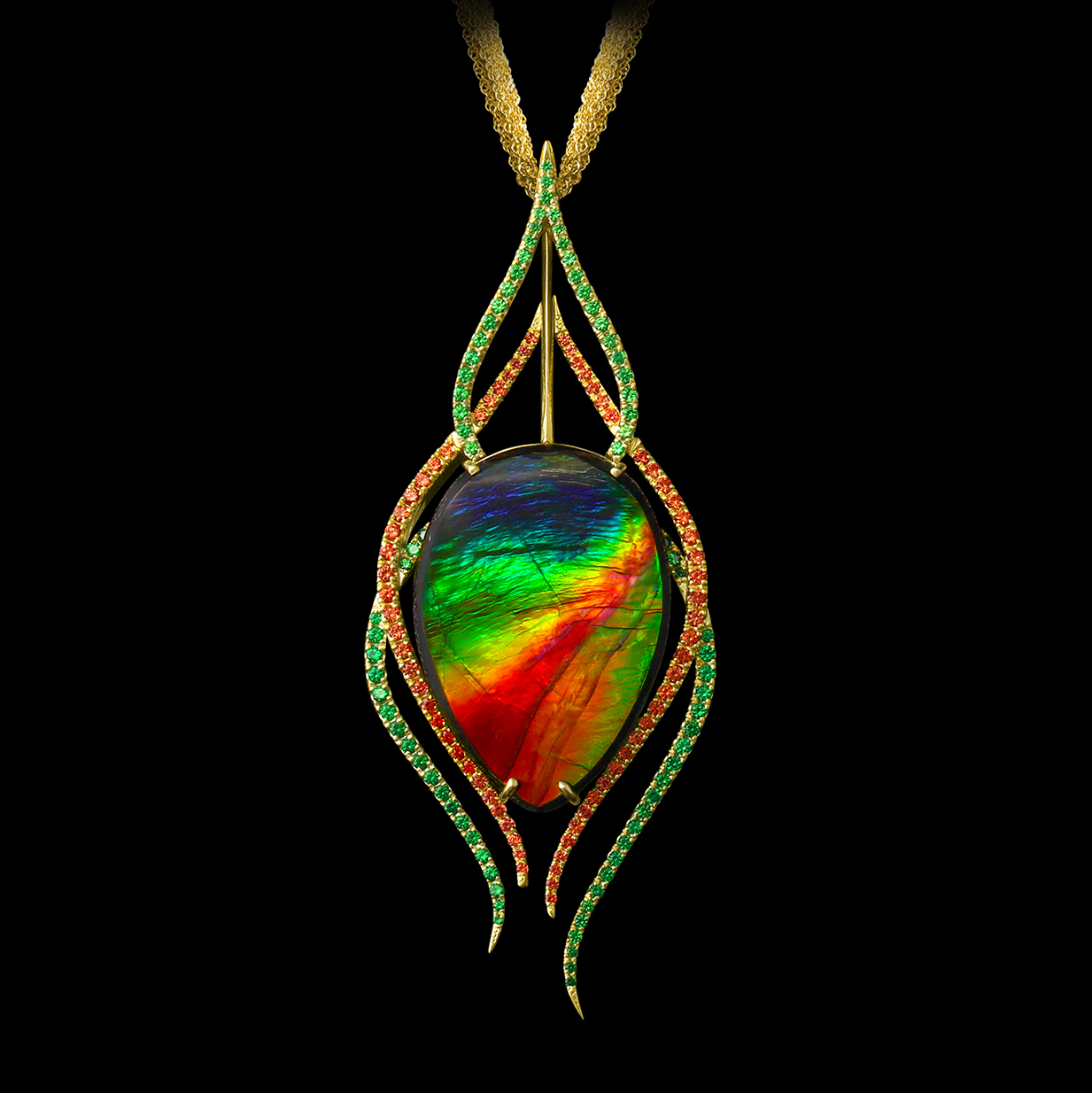 Ammolite, Garnet, Sapphire & Yellow Gold Pendant | Plume de Couleur