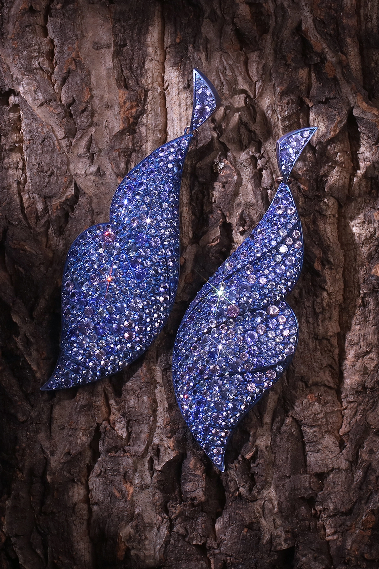 Morpho earrings by Adam Neeley in anodized blue and purple titanium, centered with lavender sapphires in a sculptural high jewelry design inspired by iridescent butterfly wings.