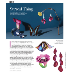 Galerie Magazine article spread showcasing fine jewelry designer Adam Neeley's Dalí inspired jewelry collection.