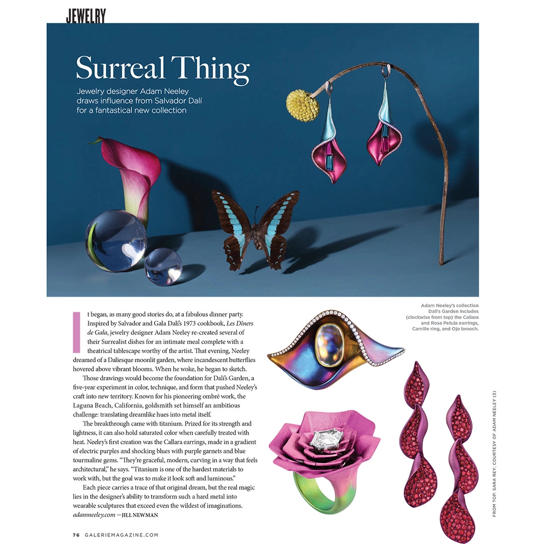 Galerie Magazine Summer 2026 Article Spread – Adam Neeley Galerie Magazine Dalí Inspired Jewelry
