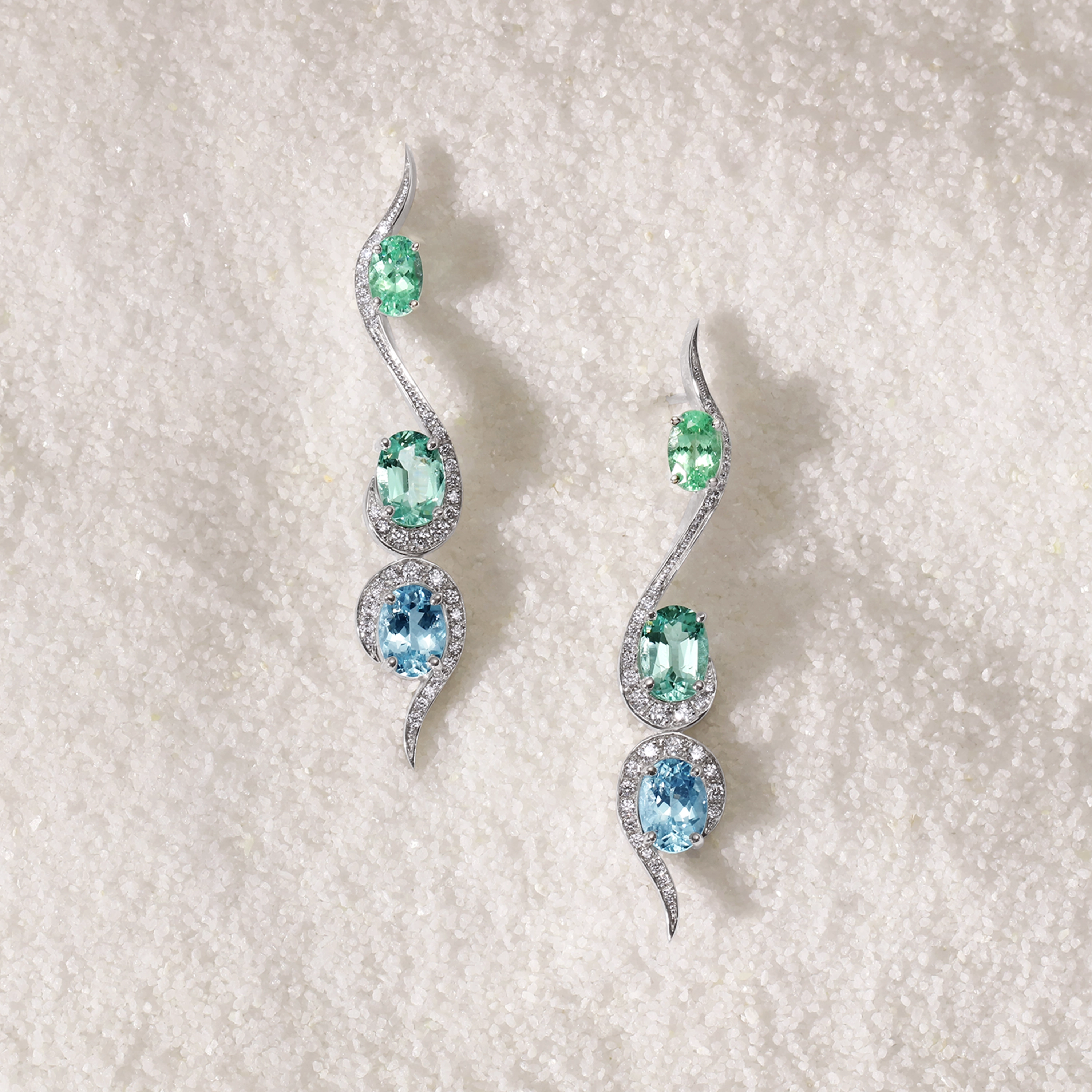 Adam Neeley Crystal Cove Earrings | Laguna Collection Hero SM ADAM NEELEY Crystal Cove limited edition earrings featuring 4.02 CTTW cuprian tourmaline and 0.34 CTTW diamonds in 14kt white gold.